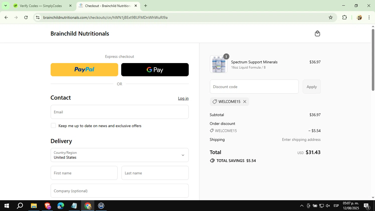 BrainChild Nutritionals discount code screenshot showing code WELCOME15 applied at BrainChild Nutritionals checkout page. Uploaded by SimplyCodes community member CashExpert3657 on Aug 12, 2025