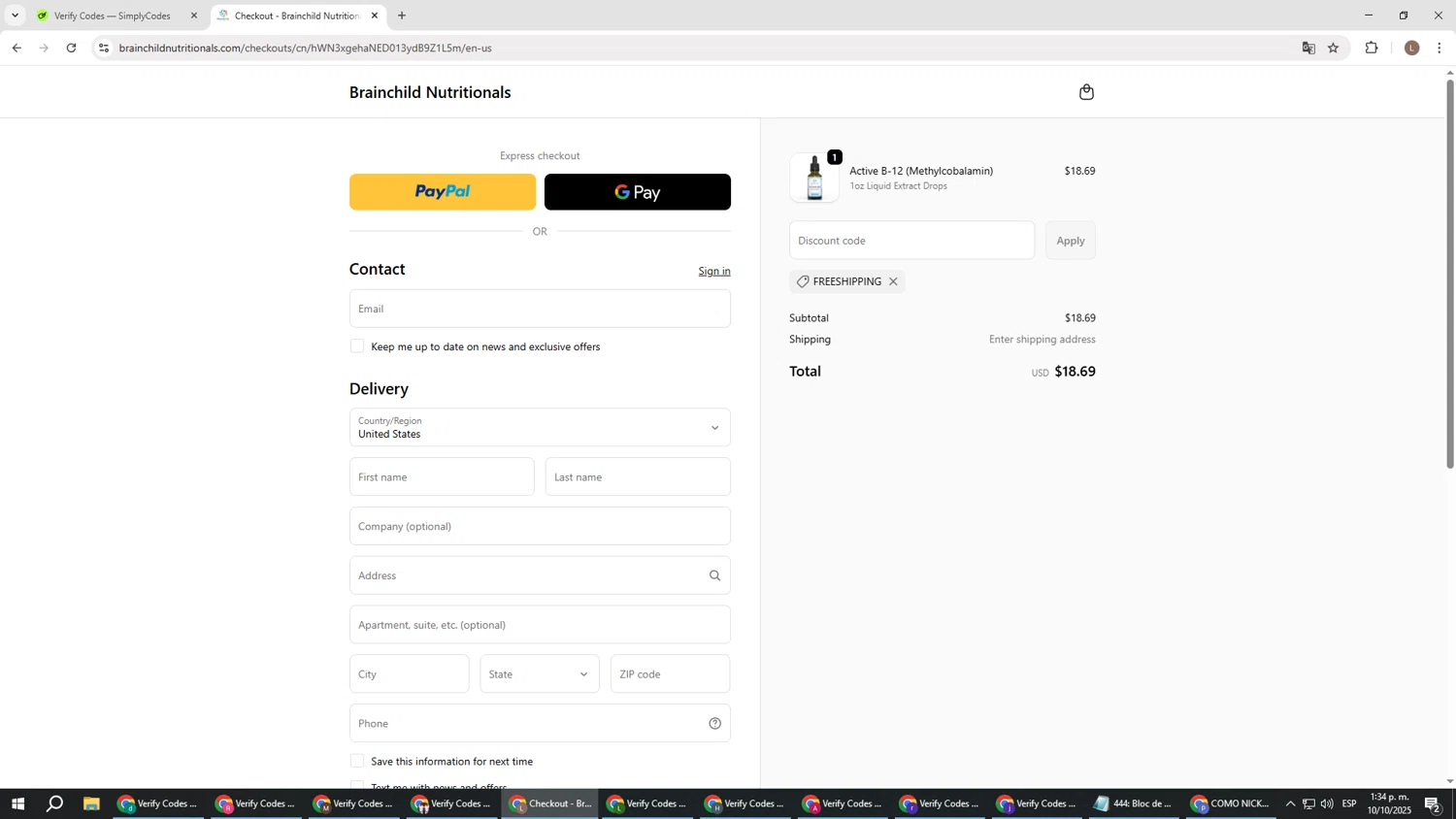 BrainChild Nutritionals discount code screenshot showing code FREESHIPPING applied at BrainChild Nutritionals checkout page. Uploaded by SimplyCodes community member BENELLI on Oct 10, 2025