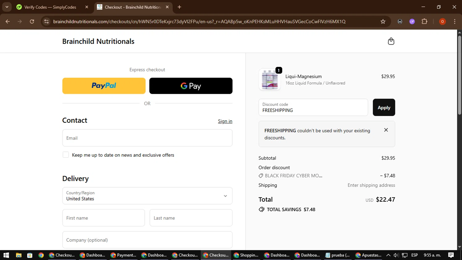 BrainChild Nutritionals discount code screenshot showing code FREESHIPPING applied at BrainChild Nutritionals checkout page. Uploaded by SimplyCodes community member CleverSpotter3730 on Nov 29, 2025