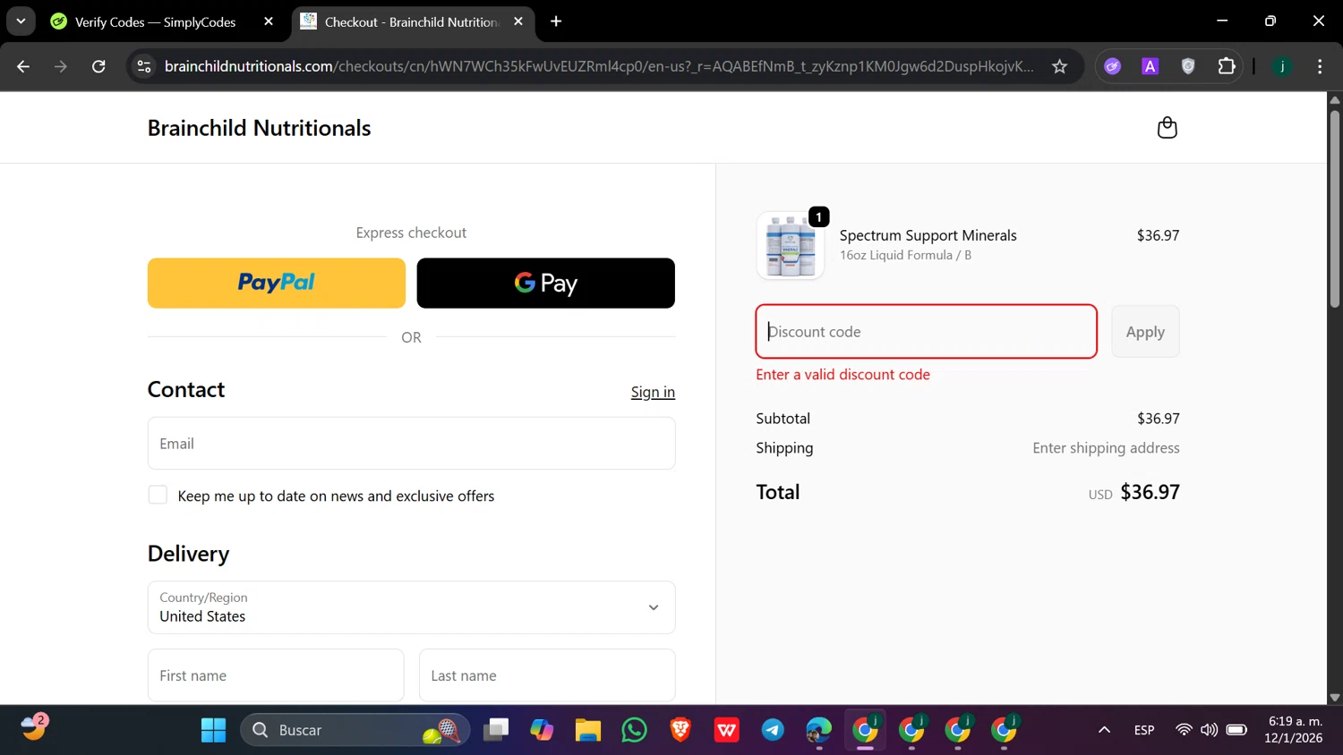 BrainChild Nutritionals discount code screenshot showing code FREESHIPPING applied at BrainChild Nutritionals checkout page. Uploaded by SimplyCodes community member hanzell03 on Jan 12, 2026