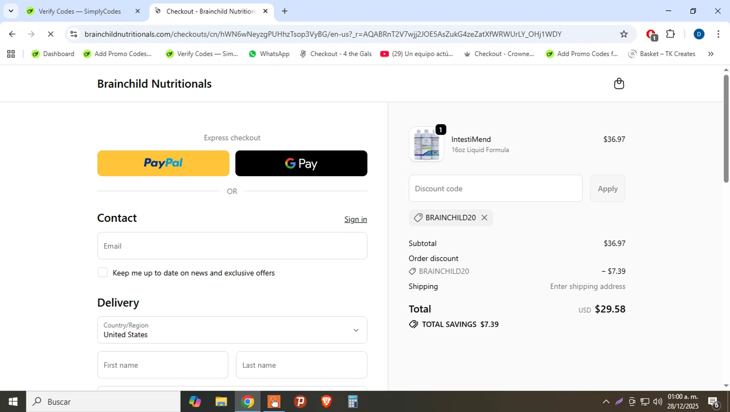 BrainChild Nutritionals discount code screenshot showing code BRAINCHILD20 applied at BrainChild Nutritionals checkout page. Uploaded by SimplyCodes community member danielgarcia1 on Dec 28, 2025