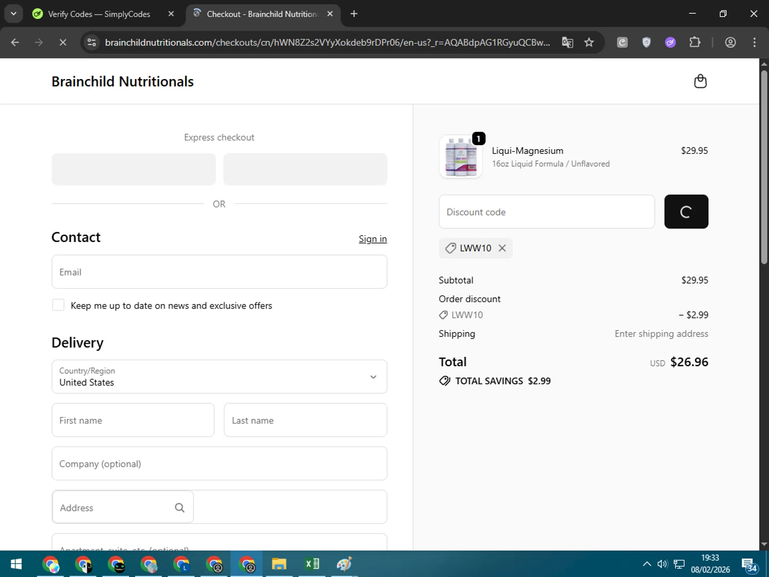BrainChild Nutritionals checkout page showing BrainChild Nutritionals discount code box | Screenshot taken by SimplyCodes community member on Feb 8, 2026