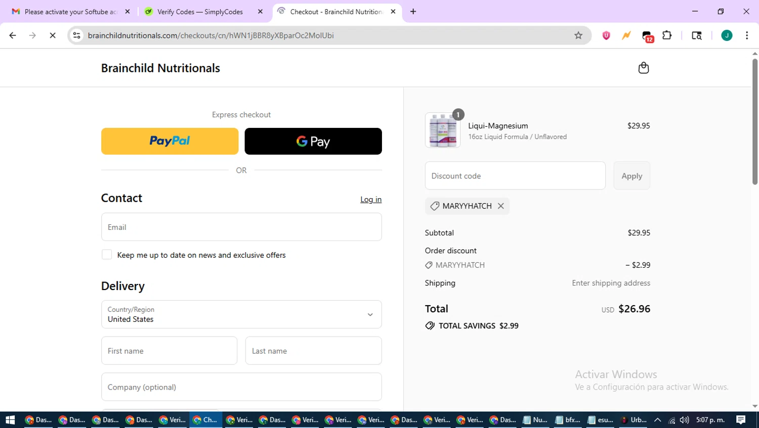 BrainChild Nutritionals discount code screenshot showing code MARYYHATCH applied at BrainChild Nutritionals checkout page. Uploaded by SimplyCodes community member SavvyCurator1770 on Aug 12, 2025