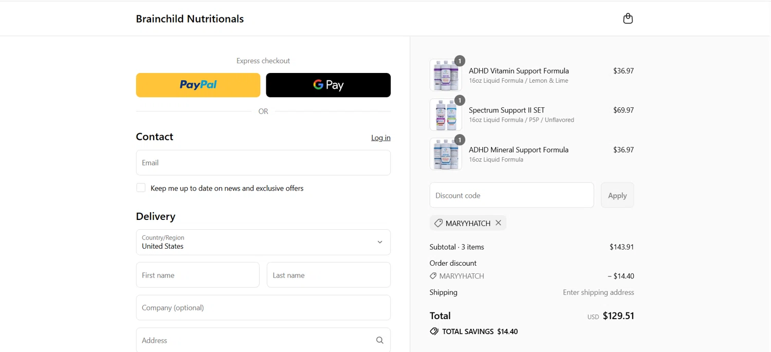BrainChild Nutritionals discount code screenshot showing code MARYYHATCH applied at BrainChild Nutritionals checkout page. Uploaded by SimplyCodes community member HoneyJean on Jul 22, 2025