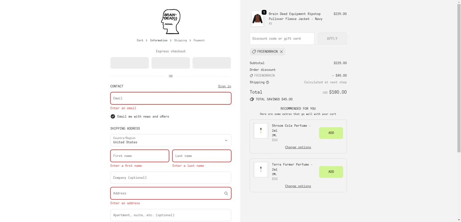 Brain Dead discount code screenshot showing code FRIENDBRAIN applied at Brain Dead checkout page. Uploaded by SimplyCodes community member CodeGuardian5312 on Oct 3, 2025