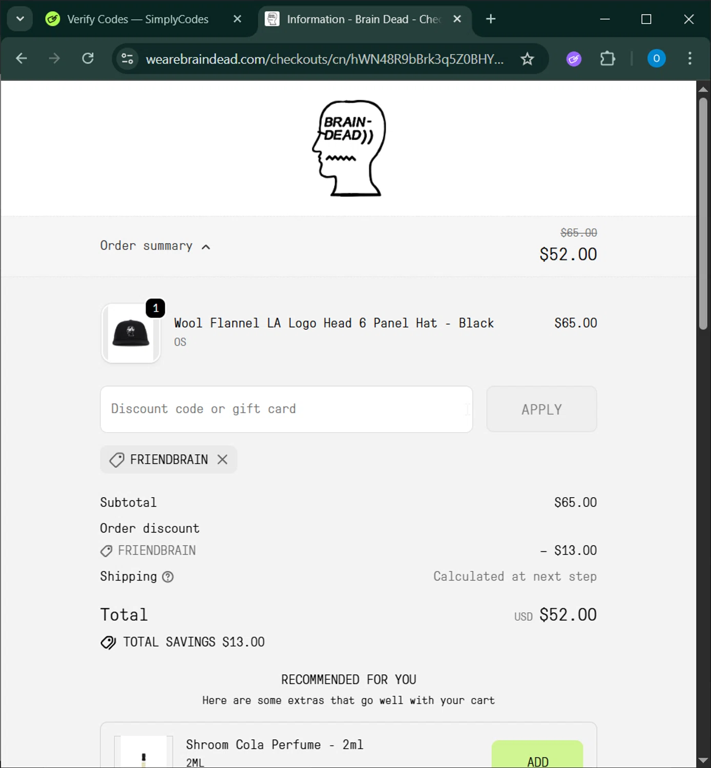 Brain Dead discount code screenshot showing code FRIENDBRAIN applied at Brain Dead checkout page. Uploaded by SimplyCodes community member GoldChaser6627 on Oct 15, 2025