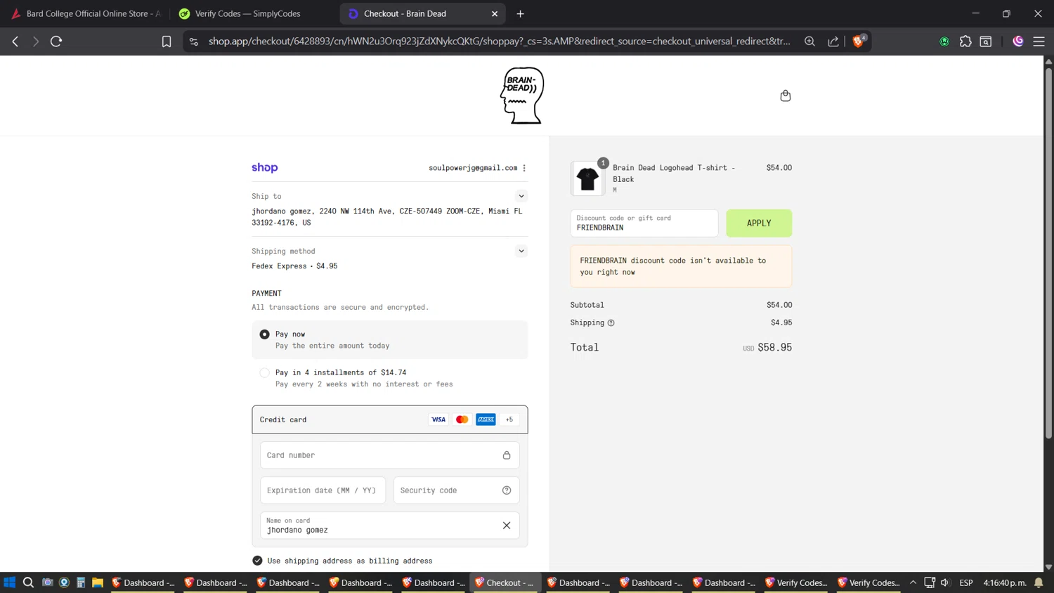Brain Dead discount code screenshot showing code FRIENDBRAIN applied at Brain Dead checkout page. Uploaded by SimplyCodes community member Phoenix on Sep 12, 2025