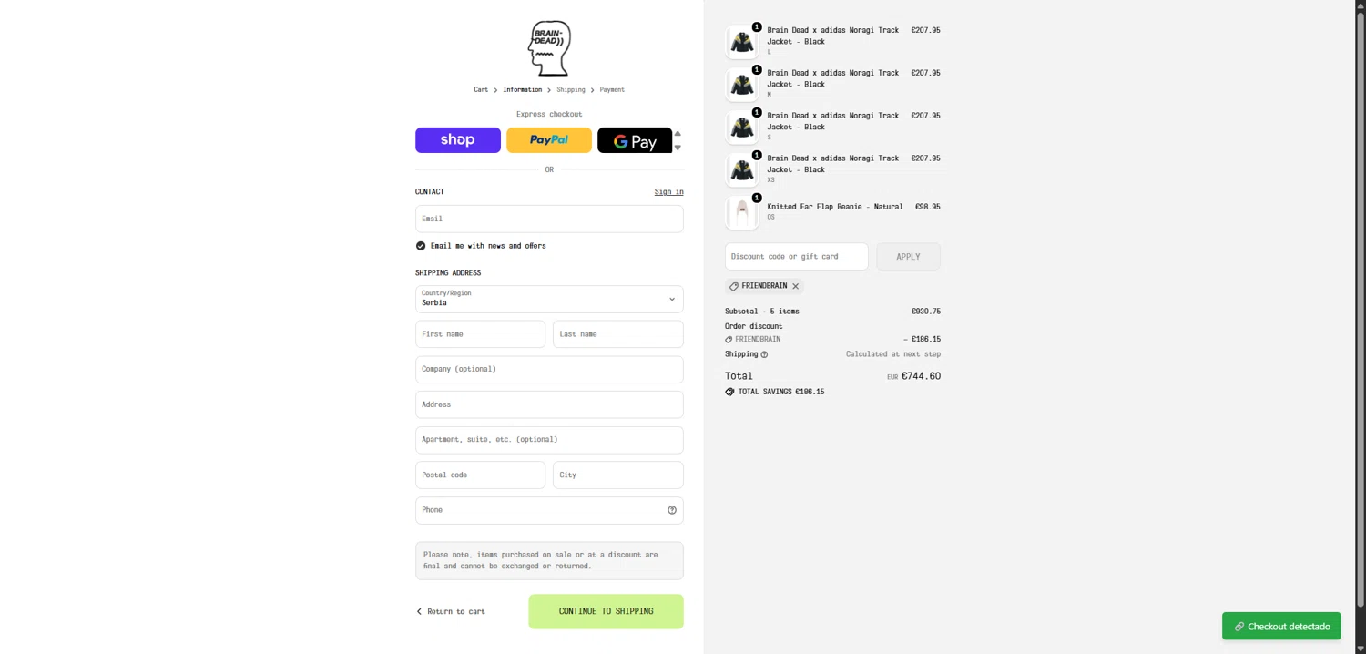 Brain Dead checkout page showing Brain Dead discount code box | Screenshot taken by SimplyCodes community member on Feb 7, 2026