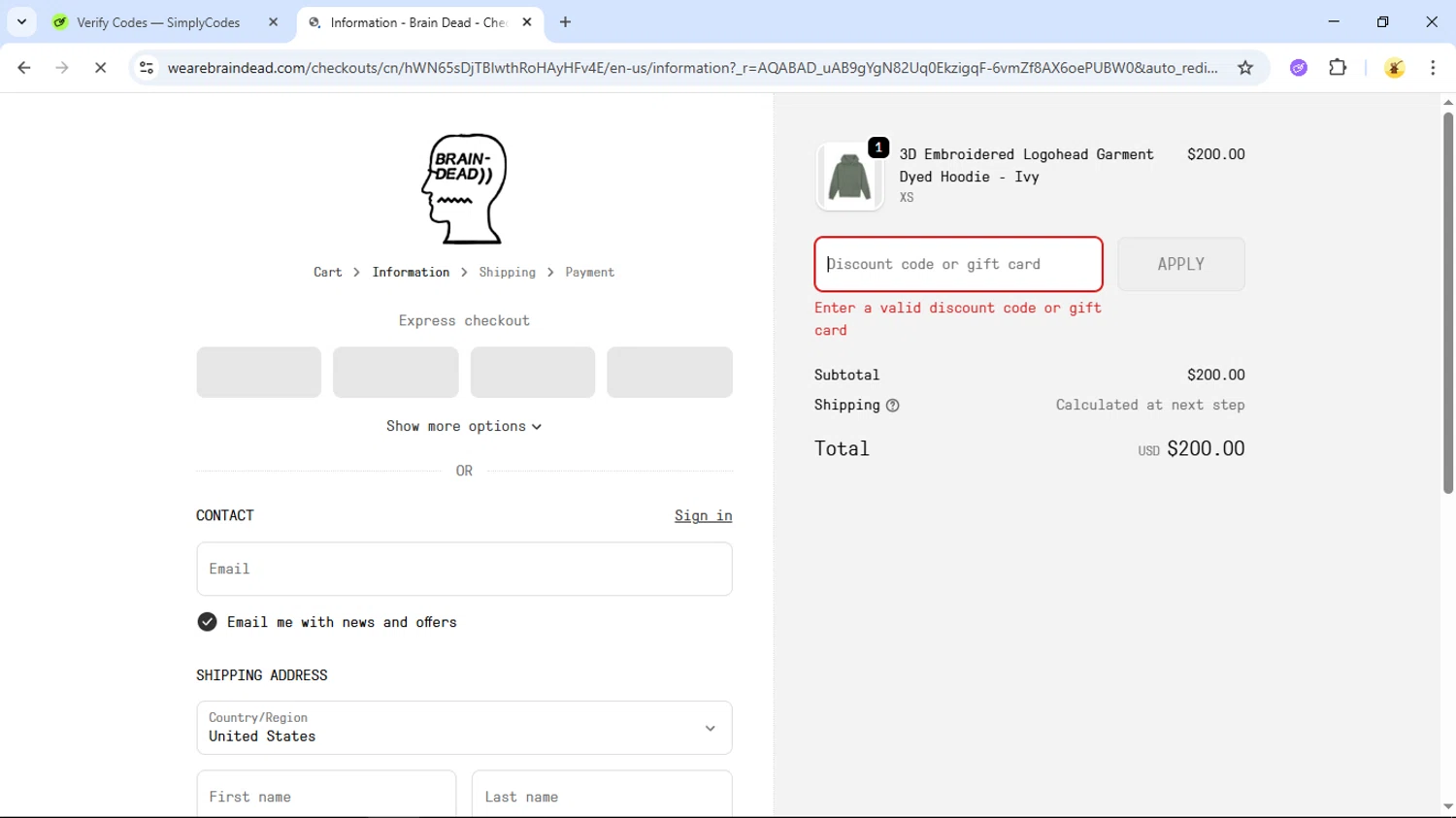 Brain Dead discount code screenshot showing code CYBERBRAIN applied at Brain Dead checkout page. Uploaded by SimplyCodes community member GloriousSage2502 on Dec 5, 2025