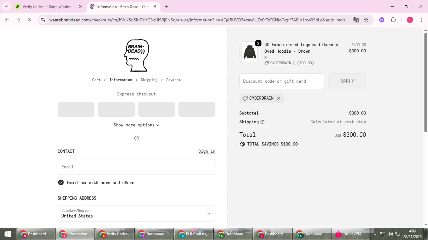Brain Dead discount code screenshot showing code CYBERBRAIN applied at Brain Dead checkout page. Uploaded by SimplyCodes community member ScanExpert2824 on Nov 28, 2025