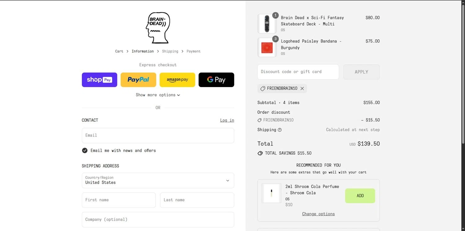 Brain Dead discount code screenshot showing code FRIENDBRAIN10 applied at Brain Dead checkout page. Uploaded by SimplyCodes community member Depressive on Aug 7, 2025