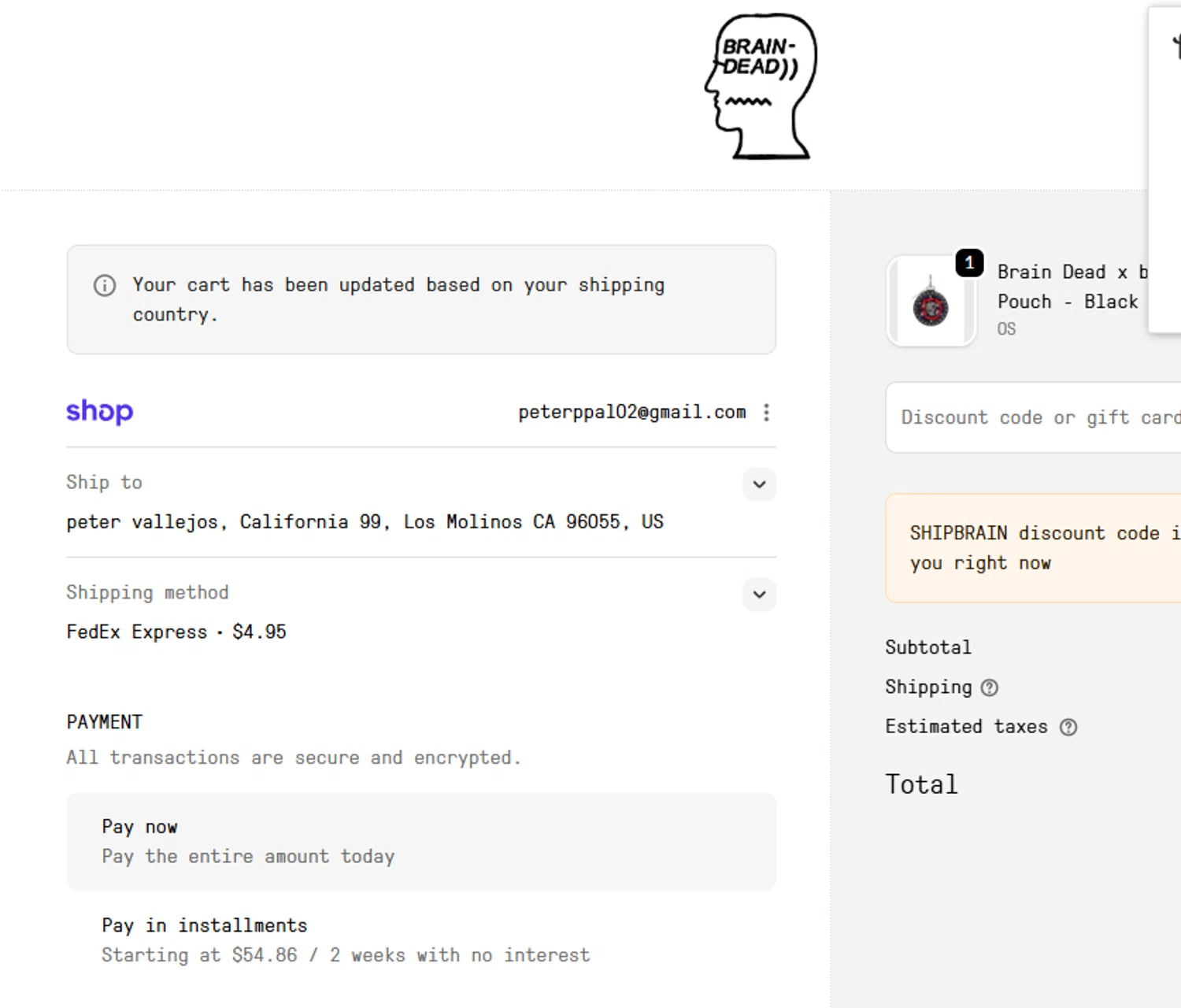 Brain Dead discount code screenshot showing code SHIPBRAIN applied at Brain Dead checkout page. Uploaded by SimplyCodes community member PrimeMaverick5747 on Dec 28, 2025