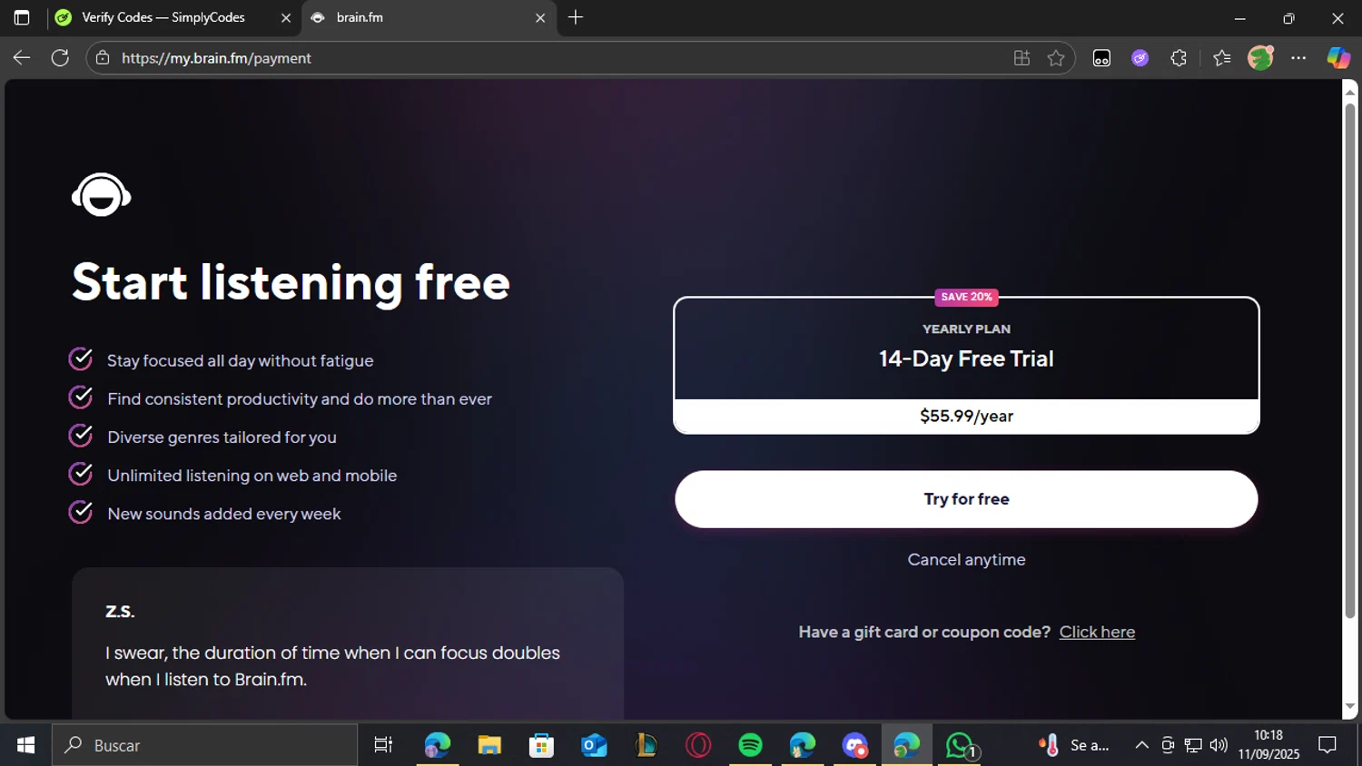Brain.fm promo code screenshot showing code somc20 applied at Brain.fm checkout page. Uploaded by SimplyCodes community member pedrolol on Sep 11, 2025