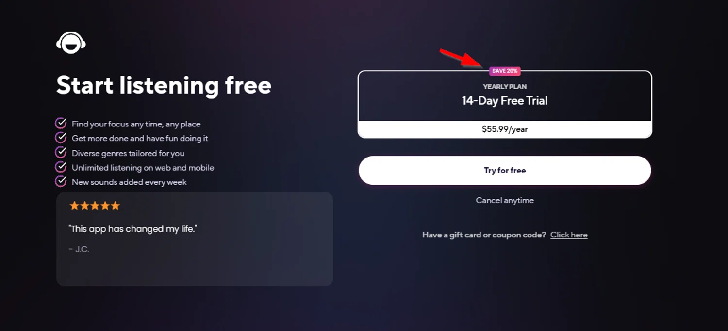 Brain.fm promo code screenshot showing code lilyugbaja applied at Brain.fm checkout page. Uploaded by SimplyCodes community member SimplyCVerlie on Feb 12, 2025