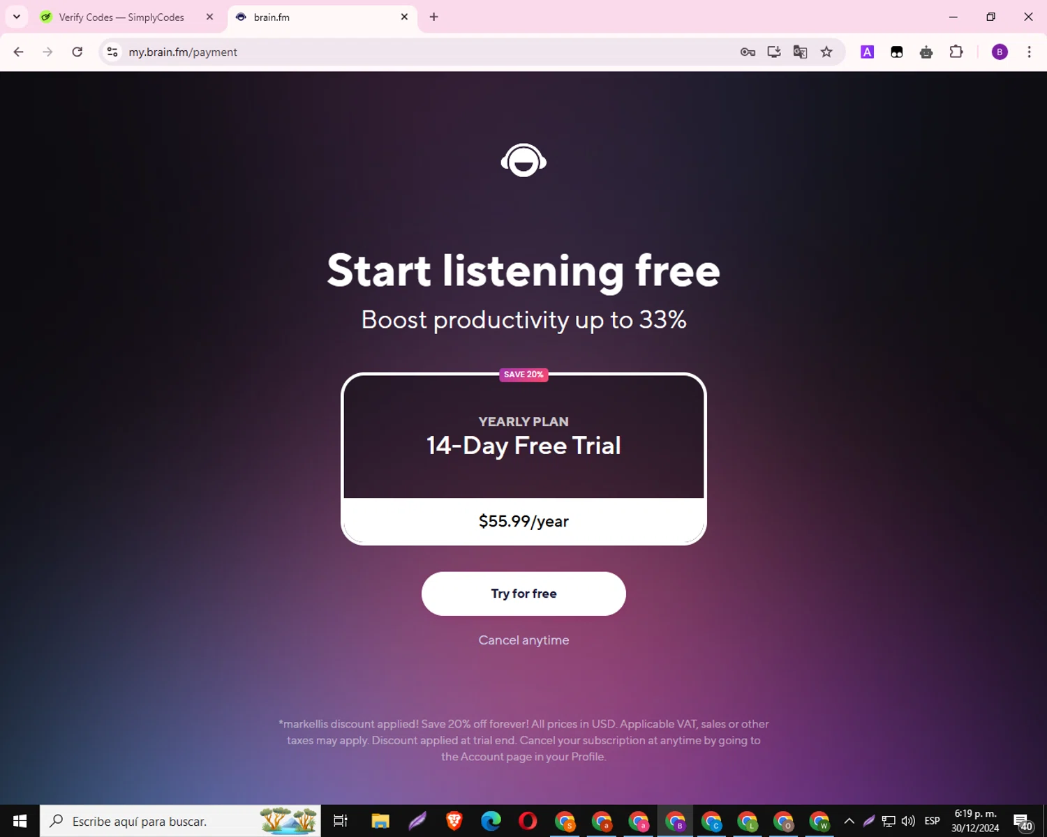 Brain.fm promo code screenshot showing code markellis applied at Brain.fm checkout page. Uploaded by SimplyCodes community member RebateAdmiral6687 on Dec 30, 2024