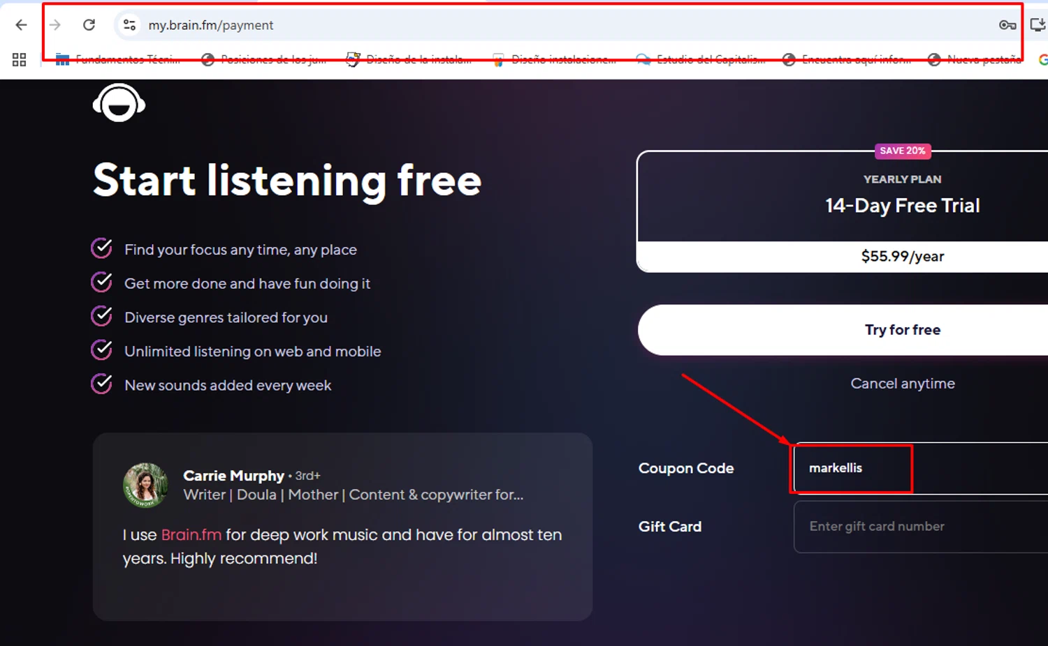 Brain.fm promo code screenshot showing code markellis applied at Brain.fm checkout page. Uploaded by SimplyCodes community member victorchirino1 on Sep 1, 2025