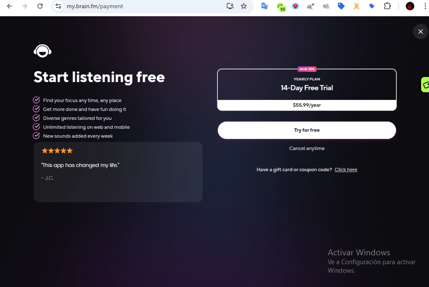 Brain.fm promo code screenshot showing code emotionalbadass applied at Brain.fm checkout page. Uploaded by SimplyCodes community member VoucherFalcon3942 on Dec 28, 2024