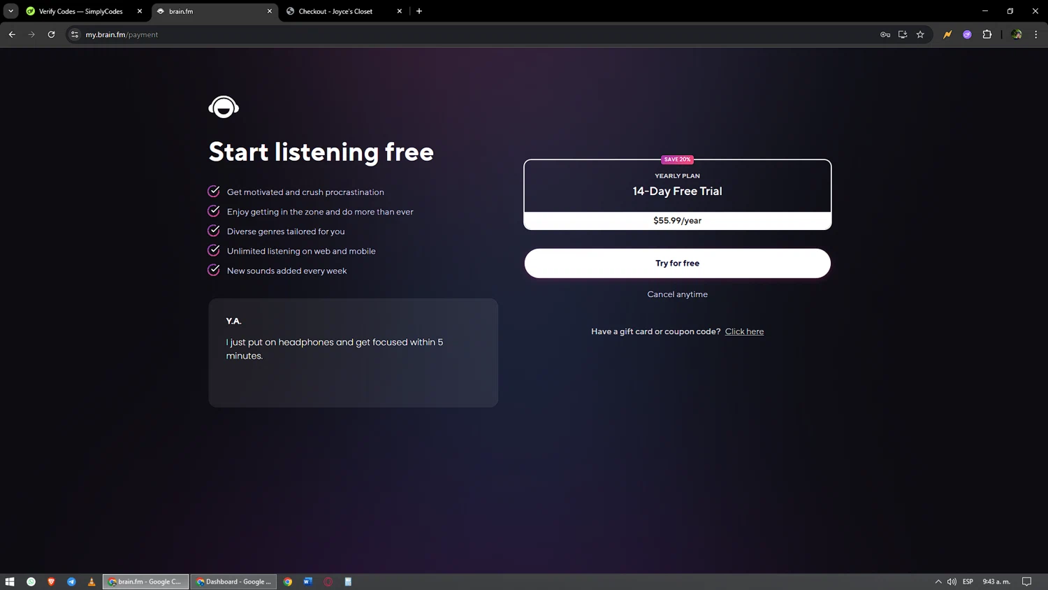 Brain.fm promo code screenshot showing code emotionalbadass applied at Brain.fm checkout page. Uploaded by SimplyCodes community member yonaiker on Sep 2, 2025