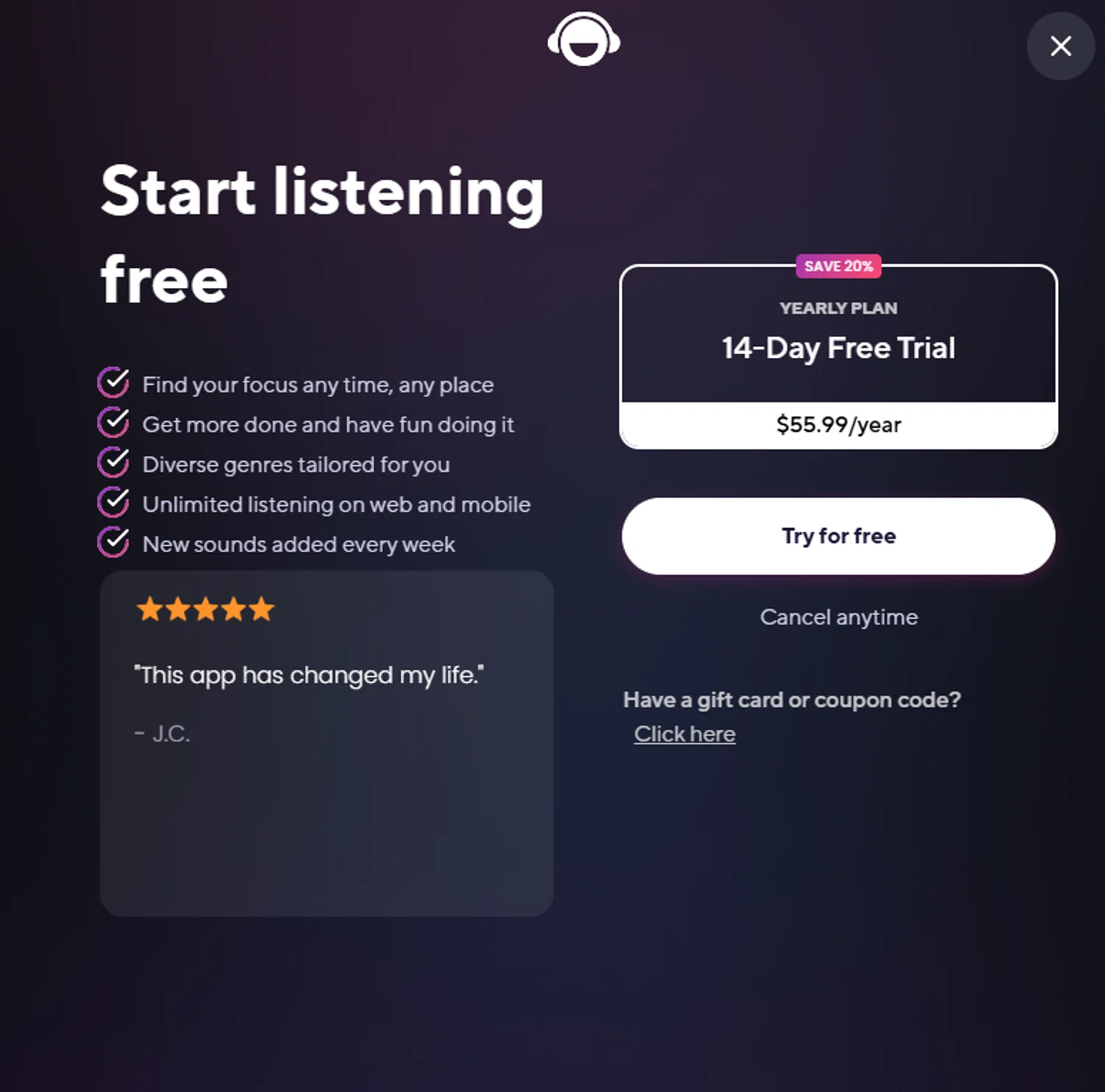 Brain.fm promo code screenshot showing code upgraded applied at Brain.fm checkout page. Uploaded by SimplyCodes community member Frionel_Pessi on Apr 1, 2025