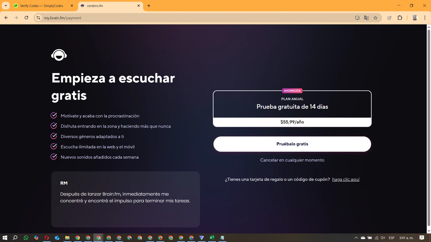 Brain.fm promo code screenshot showing code upgraded applied at Brain.fm checkout page. Uploaded by SimplyCodes community member ManuelF on Aug 16, 2025