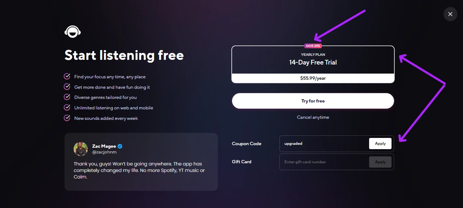 Brain.fm promo code screenshot showing code upgraded applied at Brain.fm checkout page. Uploaded by SimplyCodes community member Myrulesmagazine23 on Aug 16, 2025