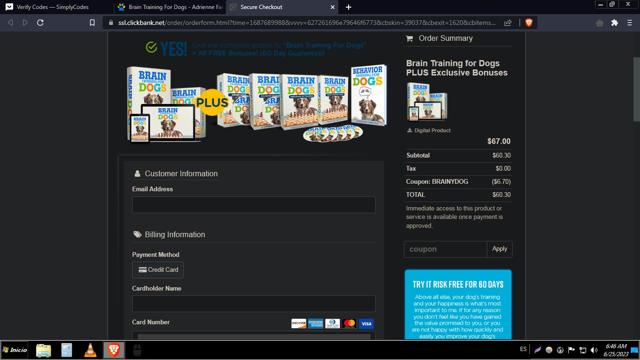 Brain Training for Dogs checkout page showing Brain Training for Dogs promo code box | Screenshot taken by SimplyCodes community member on Jun 25, 2023