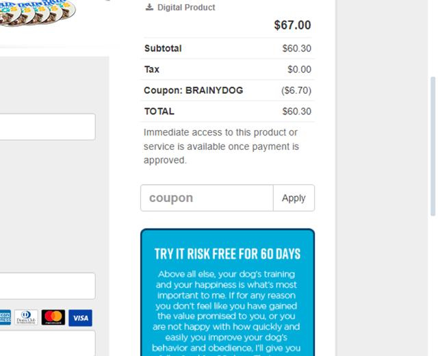 Brain Training for Dogs checkout page showing Brain Training for Dogs promo code box | Screenshot taken by SimplyCodes community member on Apr 7, 2024