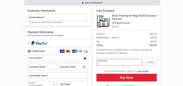 Brain Training for Dogs checkout page showing Brain Training for Dogs promo code box | Screenshot taken by SimplyCodes community member on Mar 8, 2025