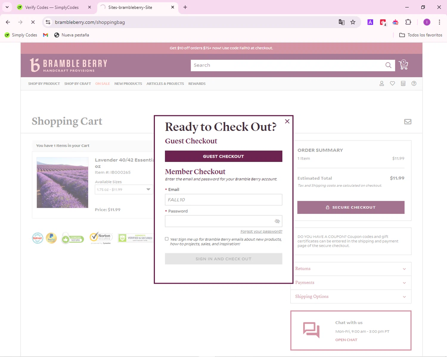 Bramble Berry checkout page showing Bramble Berry promo code box | Screenshot taken by SimplyCodes community member on Sep 12, 2024