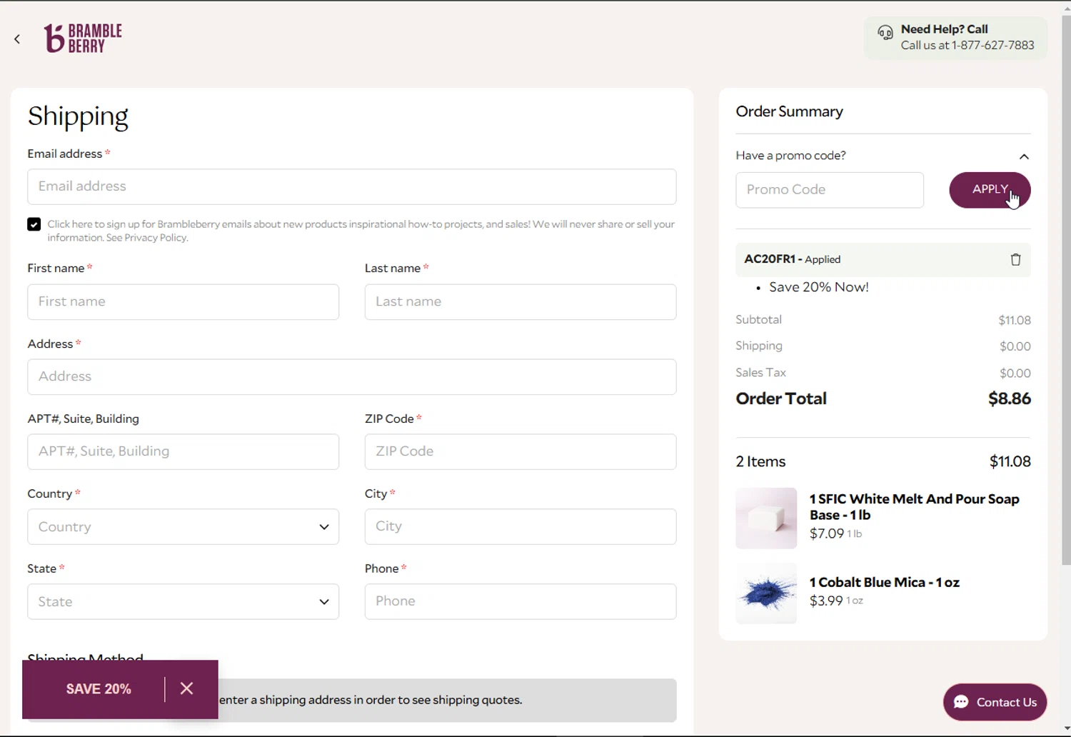 Bramble Berry checkout page showing Bramble Berry promo code box | Screenshot taken by SimplyCodes community member on Nov 7, 2024