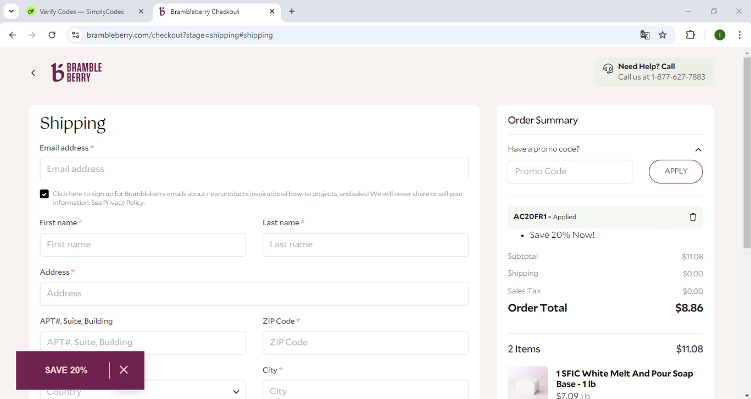 Bramble Berry checkout page showing Bramble Berry promo code box | Screenshot taken by SimplyCodes community member on Dec 27, 2024