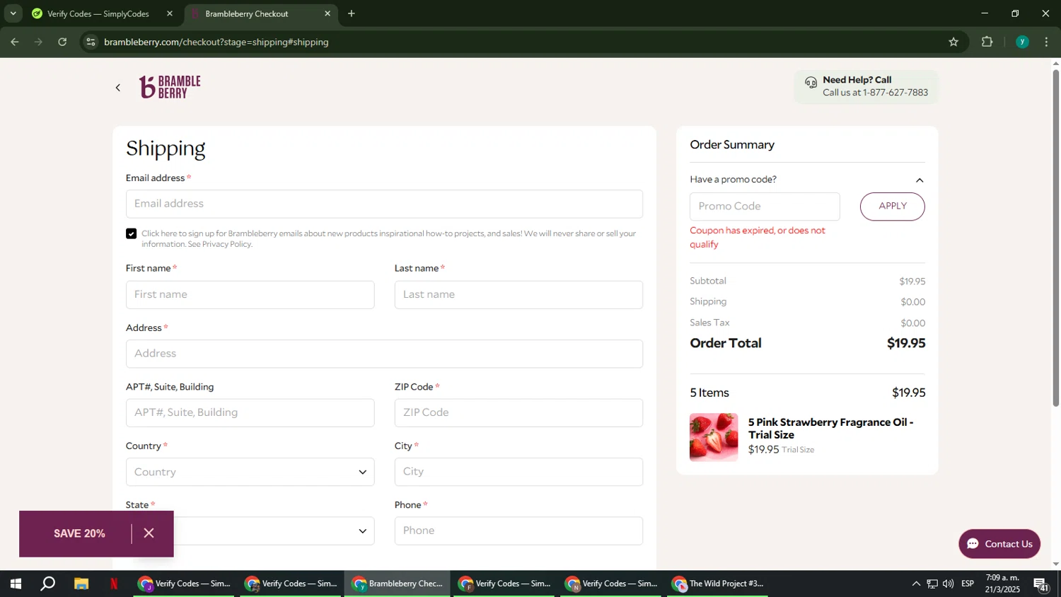 Bramble Berry checkout page showing Bramble Berry promo code box | Screenshot taken by SimplyCodes community member on Mar 21, 2025