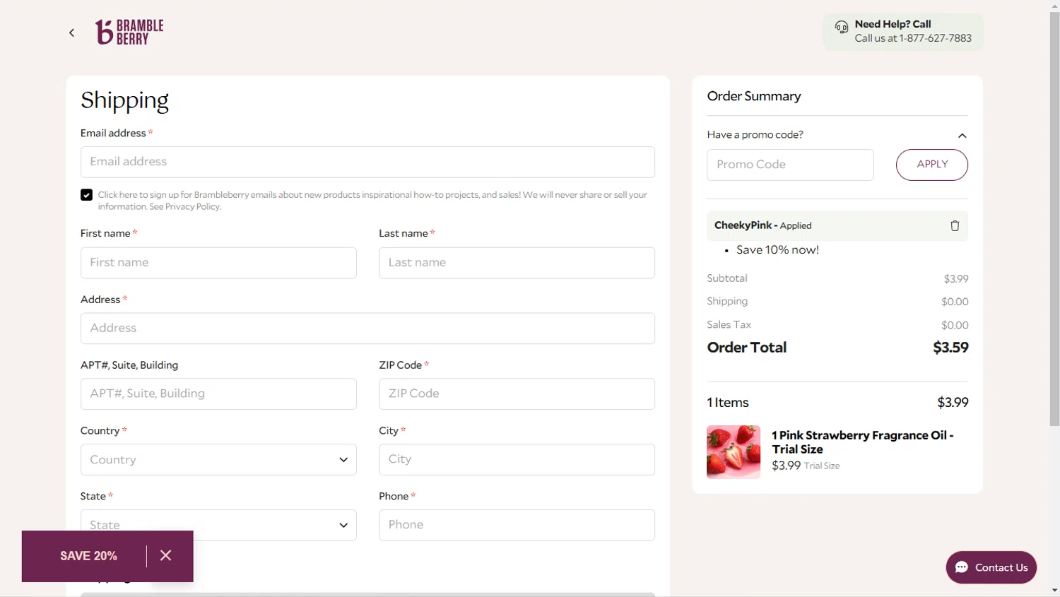 Bramble Berry checkout page showing Bramble Berry promo code box | Screenshot taken by SimplyCodes community member on Feb 20, 2025