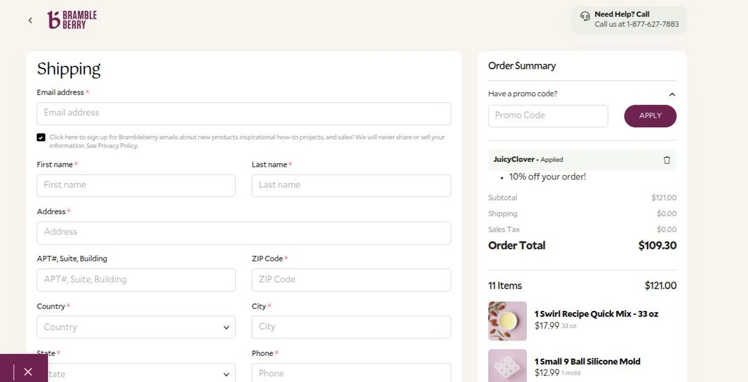 Bramble Berry checkout page showing Bramble Berry promo code box | Screenshot taken by SimplyCodes community member on Mar 28, 2025