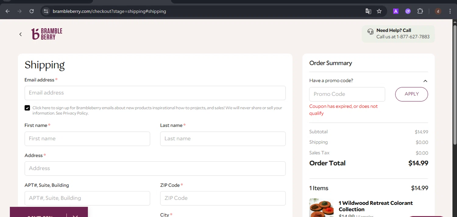 Bramble Berry promo code screenshot showing code SHIPPING applied at Bramble Berry checkout page. Uploaded by SimplyCodes community member VoucherSpotter9376 on Aug 21, 2025