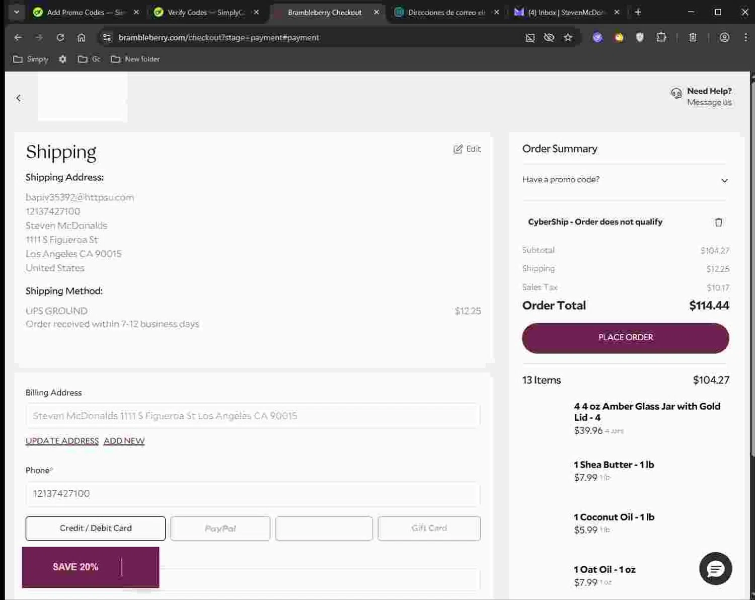 Bramble Berry promo code screenshot showing code CYBERSHIP applied at Bramble Berry checkout page. Uploaded by SimplyCodes community member Deadpool on Nov 30, 2025