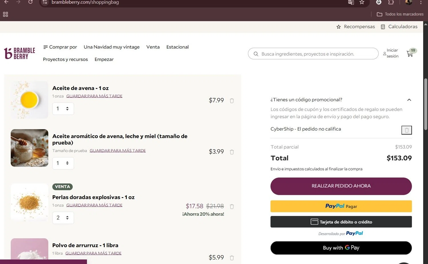 Bramble Berry promo code screenshot showing code CYBERSHIP applied at Bramble Berry checkout page. Uploaded by SimplyCodes community member Milaya on Nov 30, 2025