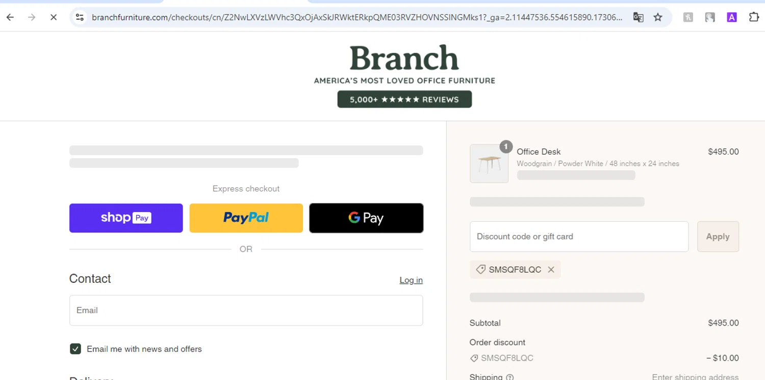 where to use Branch Furniture promo code box
