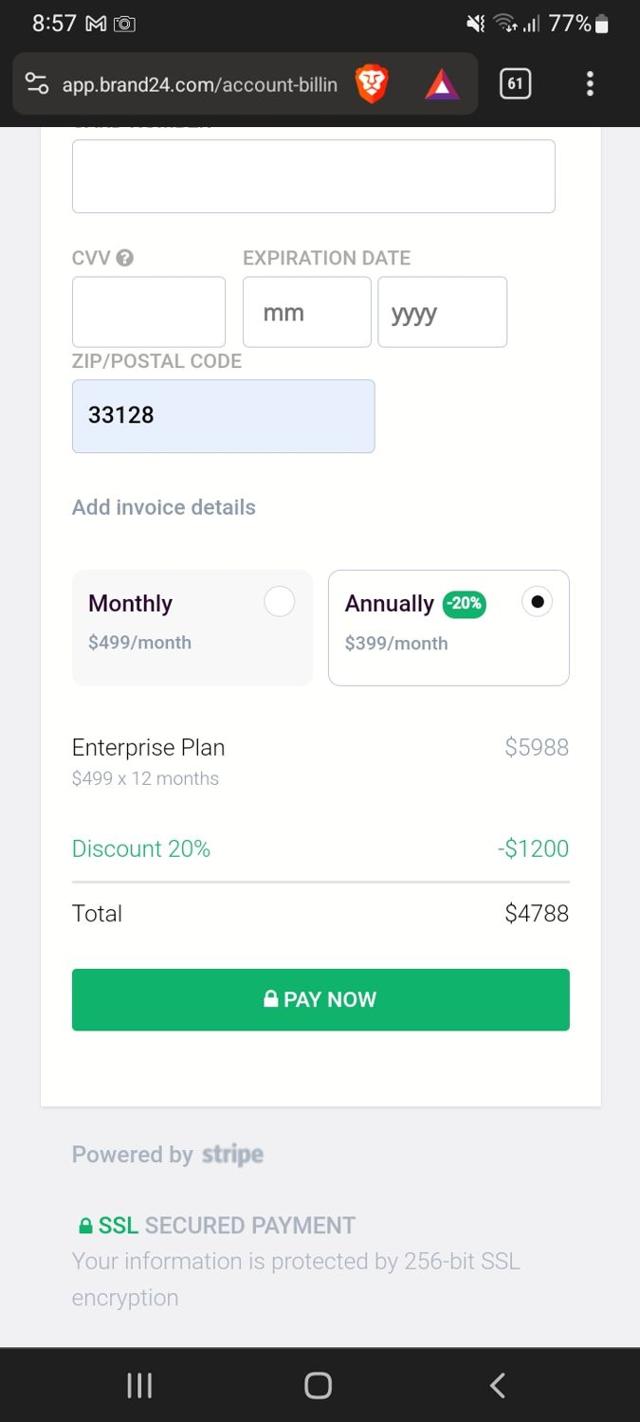Brand24 checkout page showing Brand24 promo code box | Screenshot taken by SimplyCodes community member on Nov 14, 2023