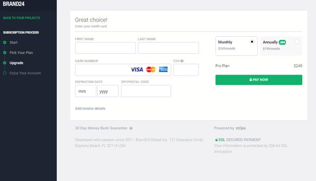 Brand24 checkout page showing Brand24 promo code box | Screenshot taken by SimplyCodes community member on Oct 6, 2023