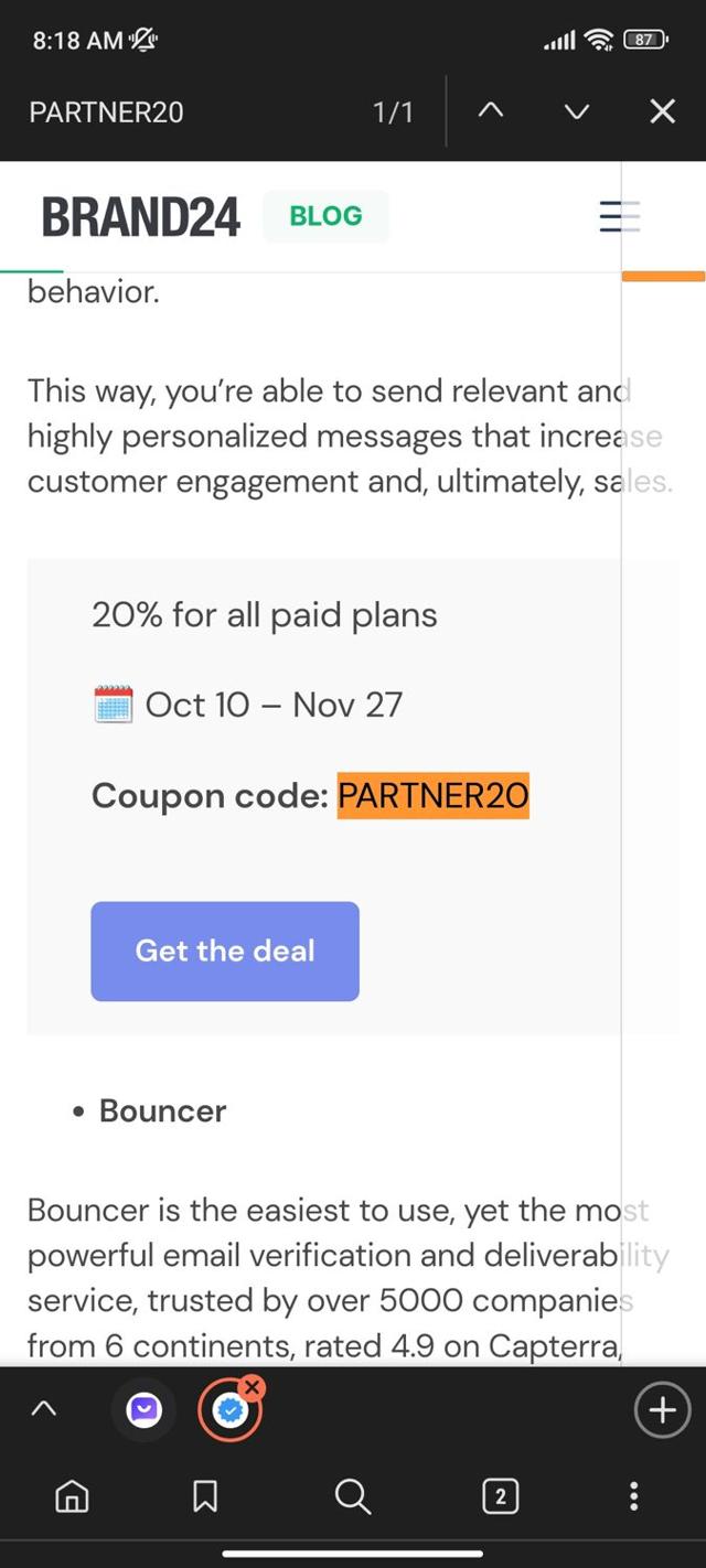 Brand24 checkout page showing Brand24 promo code box | Screenshot taken by SimplyCodes community member on Feb 20, 2024