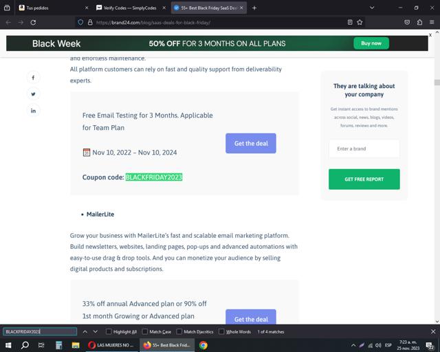 Brand24 checkout page showing Brand24 promo code box | Screenshot taken by SimplyCodes community member on Nov 25, 2023