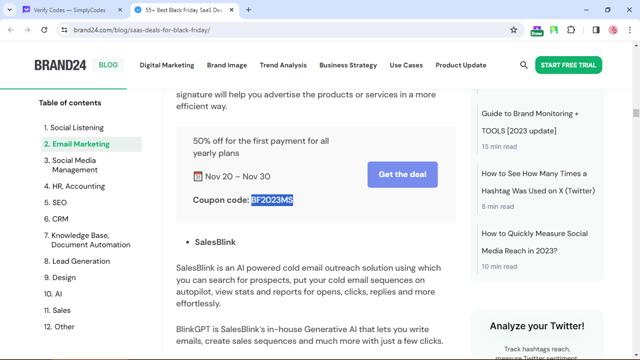 Brand24 checkout page showing Brand24 promo code box | Screenshot taken by SimplyCodes community member on Dec 24, 2023