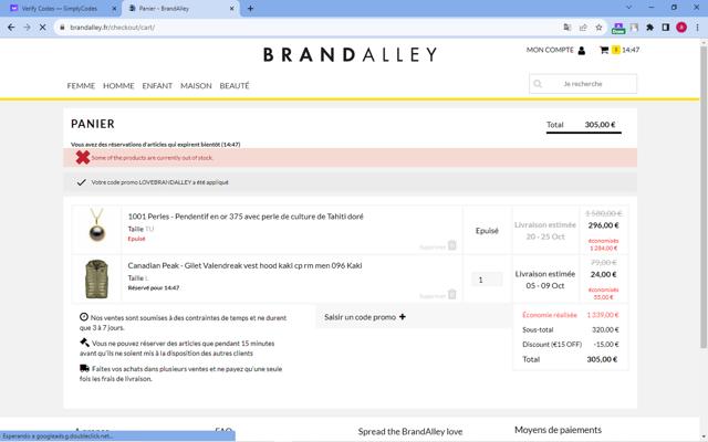 BrandAlley FR checkout page showing BrandAlley FR discount code box | Screenshot taken by SimplyCodes community member on Oct 1, 2023