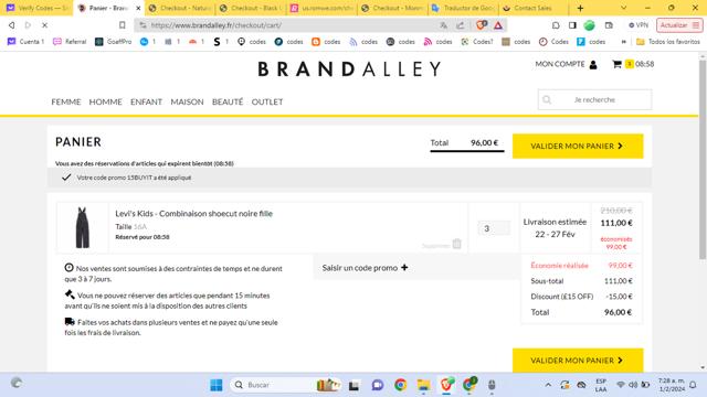 BrandAlley FR checkout page showing BrandAlley FR discount code box | Screenshot taken by SimplyCodes community member on Feb 1, 2024