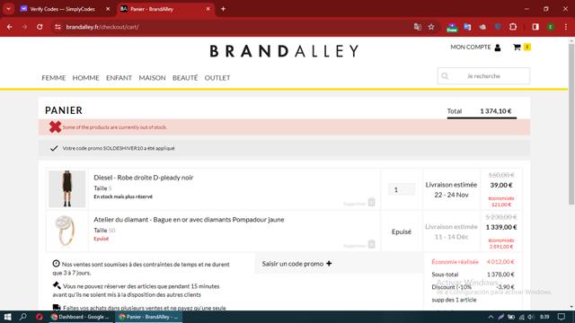 BrandAlley FR checkout page showing BrandAlley FR discount code box | Screenshot taken by SimplyCodes community member on Jan 12, 2024