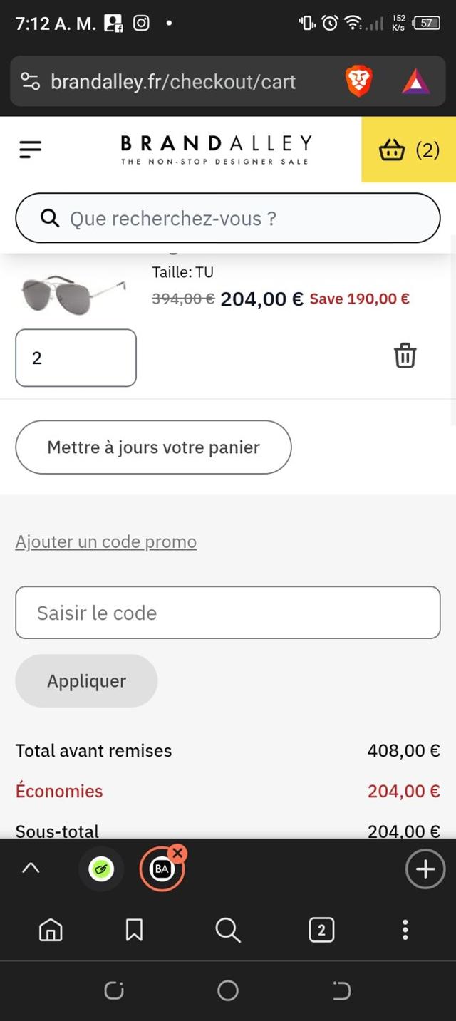 BrandAlley FR checkout page showing BrandAlley FR discount code box | Screenshot taken by SimplyCodes community member on Aug 26, 2024