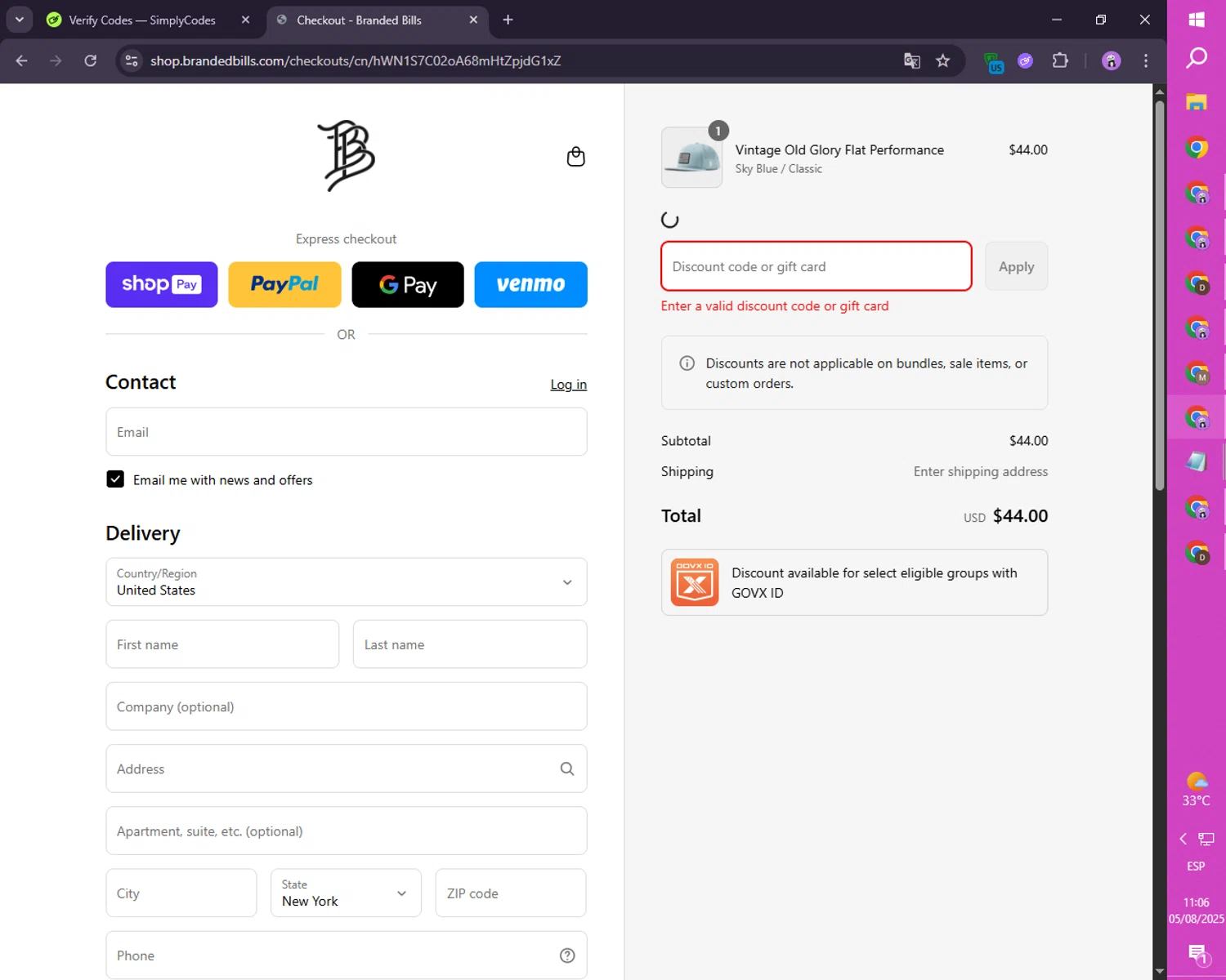 Branded Bills discount code screenshot showing code BBSUMMER applied at Branded Bills checkout page. Uploaded by SimplyCodes community member SmartLion1183 on Aug 5, 2025