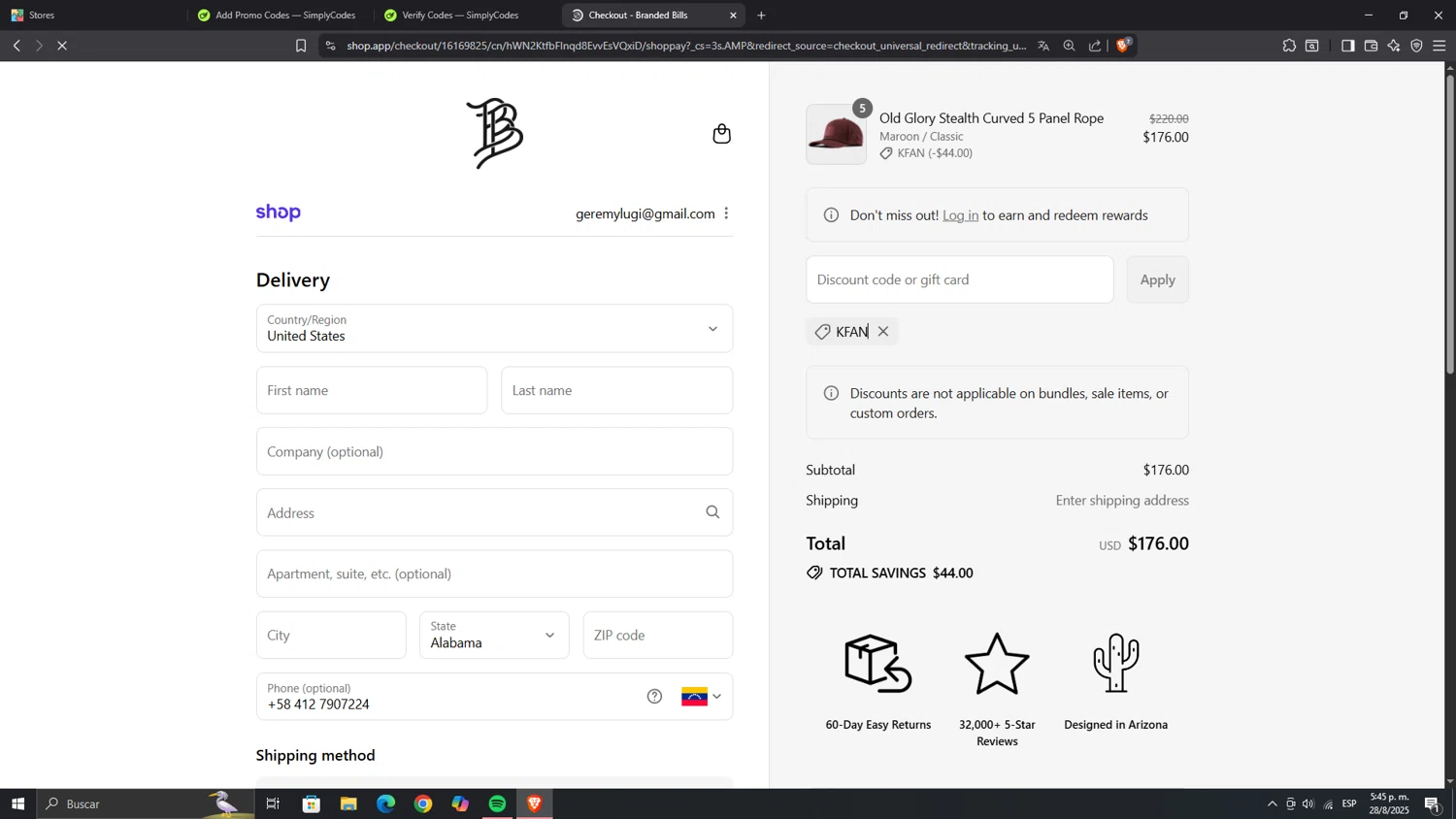 Branded Bills discount code screenshot showing code KFAN applied at Branded Bills checkout page. Uploaded by SimplyCodes community member FortunateAce9452 on Aug 28, 2025