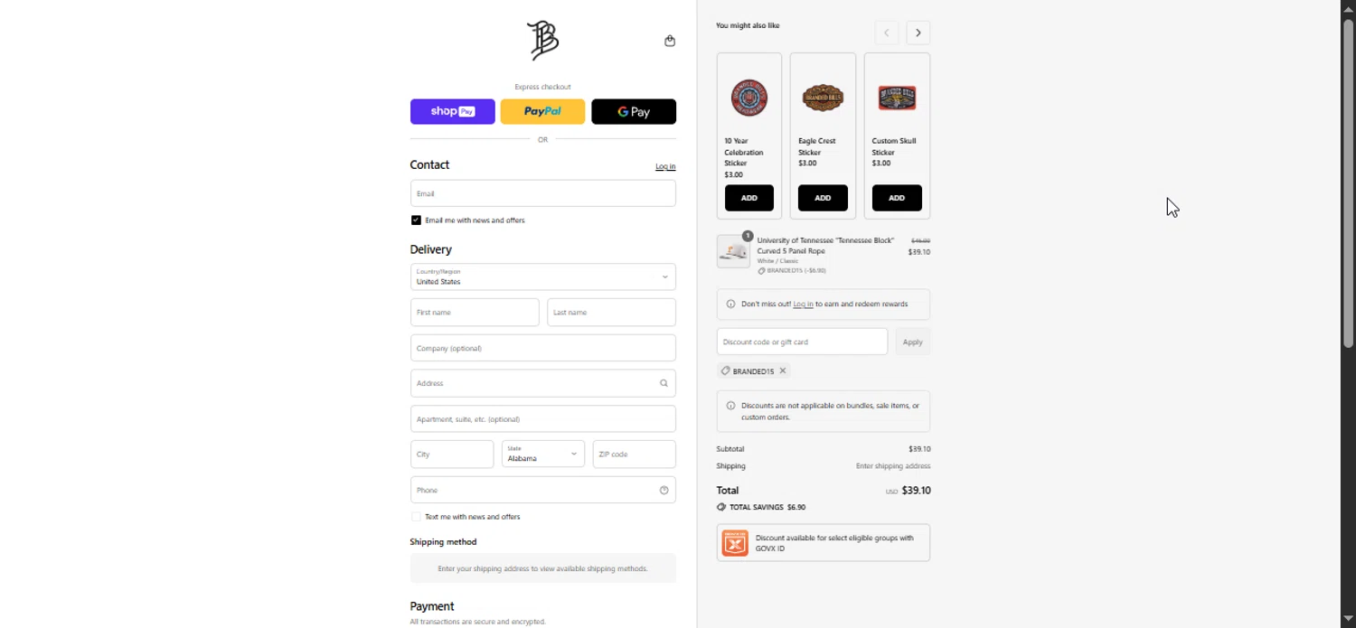 Branded Bills discount code screenshot showing code BRANDED15 applied at Branded Bills checkout page. Uploaded by SimplyCodes community member Prospecto on Aug 17, 2025